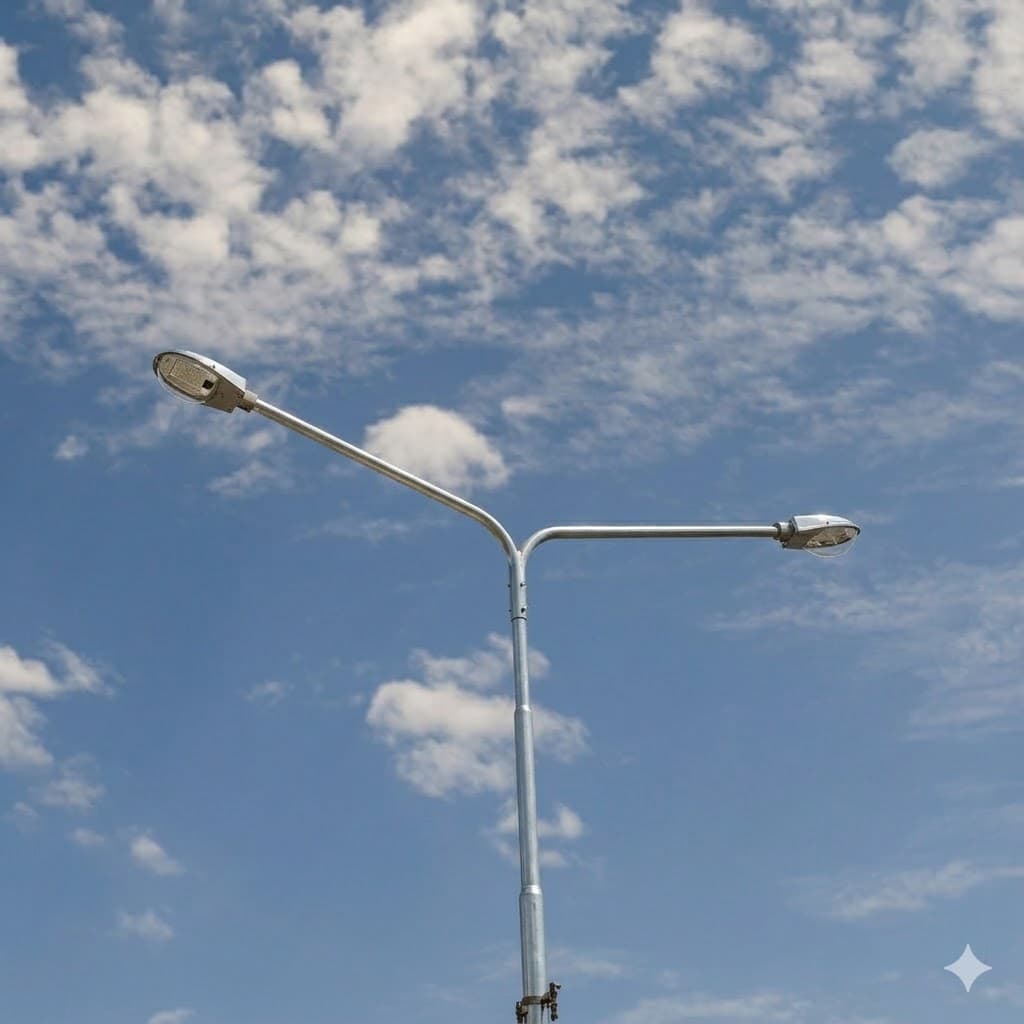Brazo de iluminación instalado en poste metálico.